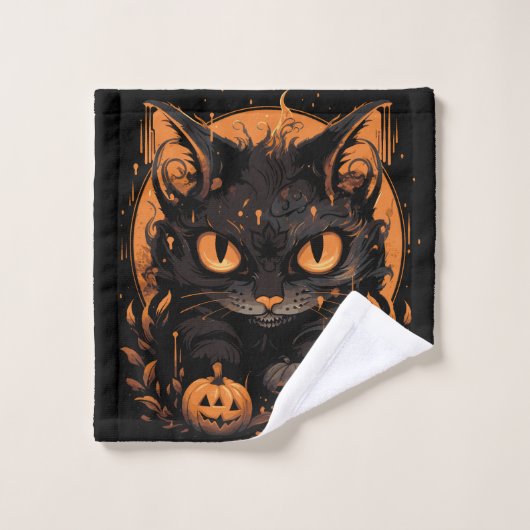 Halloween zwarte kat met pompoenen en maan washandje (Wasdoekje)