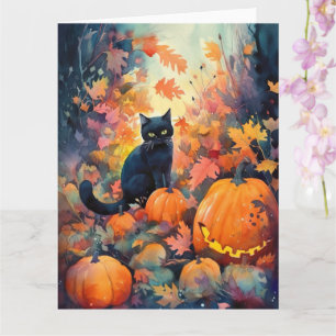 Halloween Zwarte Kat Met Pompoenen Griezelen Kaart