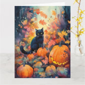 Halloween Zwarte Kat Met Pompoenen Griezelen Kaart (Gele Bloem)