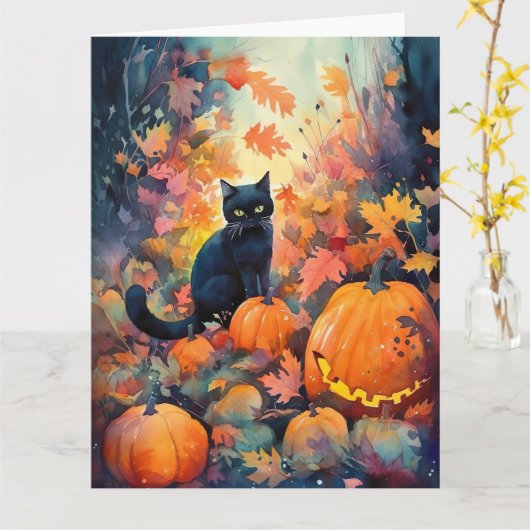 Halloween Zwarte Kat Met Pompoenen Griezelen Kaart (Gele Bloem)