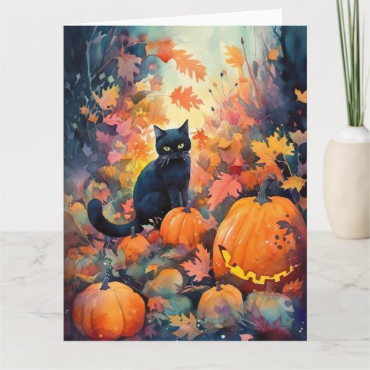 Halloween Zwarte Kat Met Pompoenen Griezelen Kaart (Voorkant)