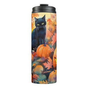 Halloween Zwarte Kat Met Pompoenen Griezelen Thermosbeker