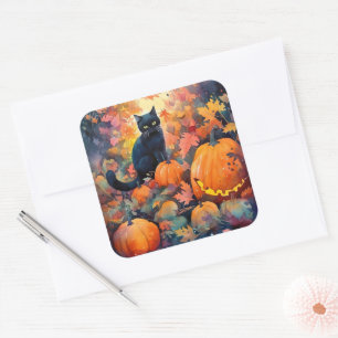 Halloween Zwarte Kat Met Pompoenen Griezelen Vierkante Sticker