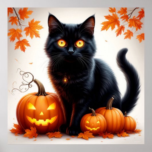 Halloween Zwarte Kat Met Pompoenveld Scene 🎃 Poster (Voorkant)