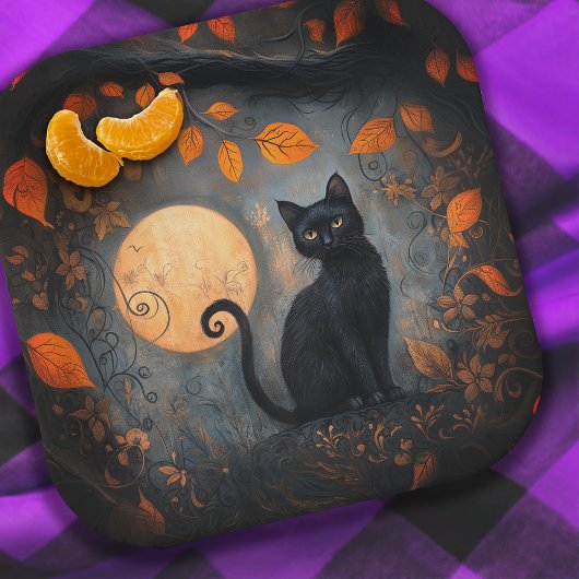Halloween Zwarte Kat  Moody Volle Maan Papieren Bordje