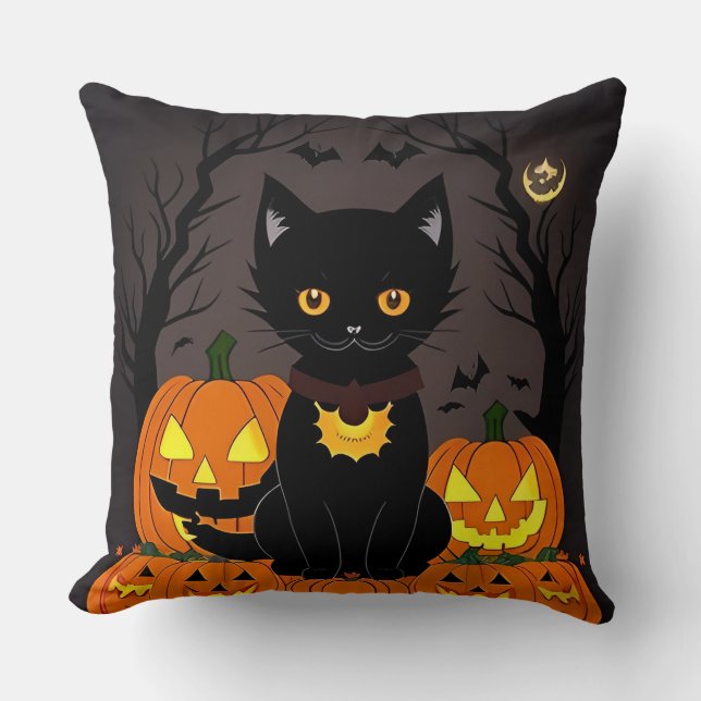 Halloween Zwarte Kat Omringd door Jack-o'-Lanterns Kussen (Voorkant)