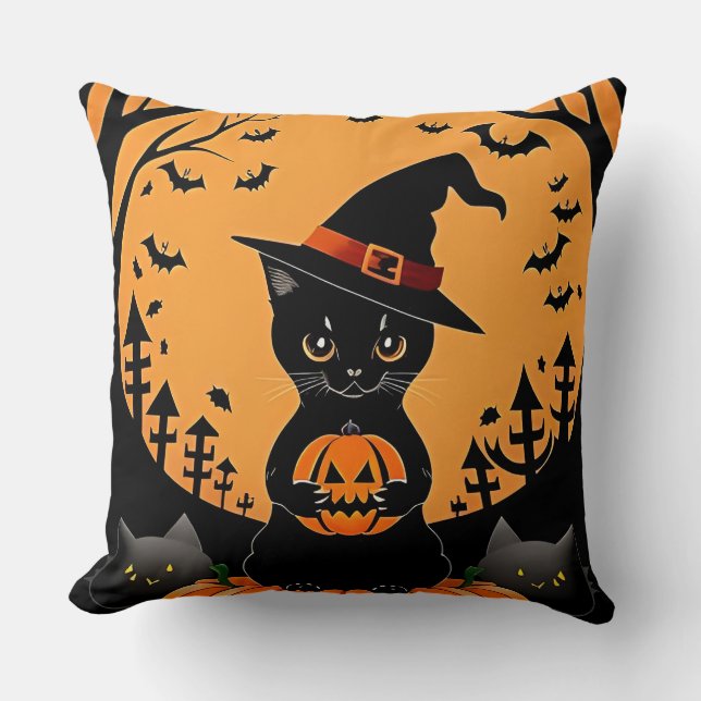 Halloween Zwarte Kat Omringd door Jack-o'-Lanterns Kussen (Voorkant)