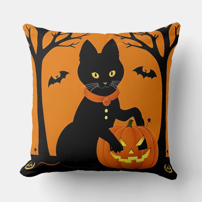 Halloween Zwarte Kat Omringd door Jack-o'-Lanterns Kussen (Voorkant)