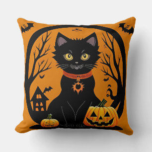 Halloween Zwarte Kat Omringd door Jack-o'-Lanterns Kussen