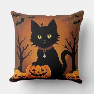 Halloween Zwarte Kat Omringd door Jack-o'-Lanterns Kussen
