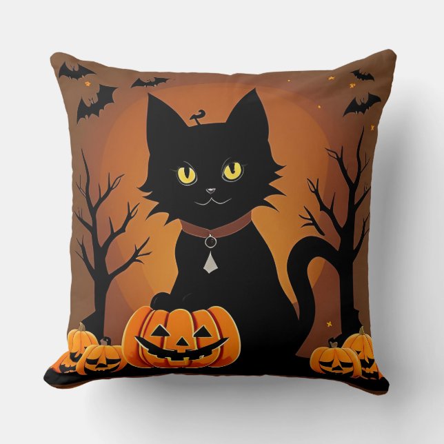 Halloween Zwarte Kat Omringd door Jack-o'-Lanterns Kussen (Voorkant)