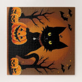 Halloween Zwarte Kat Omringd door Jack-o'-Lanterns Legpuzzel (Horizontaal)