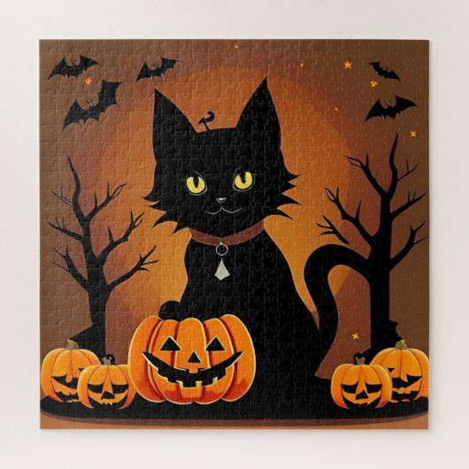 Halloween Zwarte Kat Omringd door Jack-o'-Lanterns Legpuzzel (Verticaal)