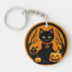 Halloween Zwarte Kat Omringd door Jack-o'-Lanterns Sleutelhanger