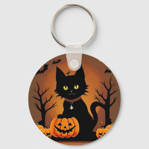 Halloween Zwarte Kat Omringd door Jack-o'-Lanterns Sleutelhanger