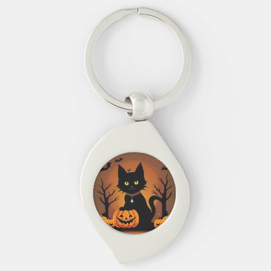 Halloween Zwarte Kat Omringd door Jack-o'-Lanterns Sleutelhanger (Voorkant)