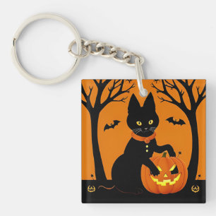 Halloween Zwarte Kat Omringd door Jack-o'-Lanterns Sleutelhanger