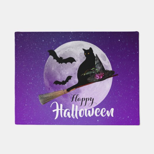 Halloween Zwarte Kat op Bezem Volle Maan Deurmat (Voorkant)