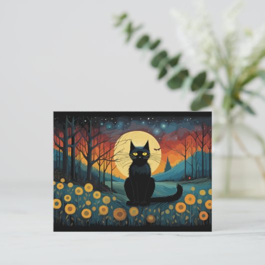Halloween zwarte kat op de weide volle maan briefkaart (Staand voorkant)