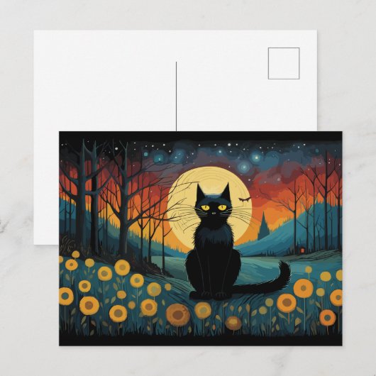 Halloween zwarte kat op de weide volle maan briefkaart (Voorkant / Achterkant)