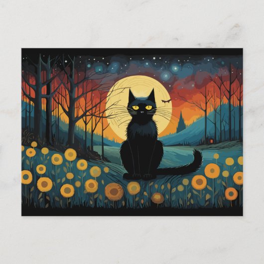 Halloween zwarte kat op de weide volle maan briefkaart (Voorkant)