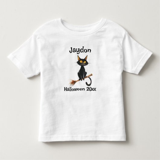 Halloween zwarte kat op een bezem personaliseren kinder shirts (Voorkant)