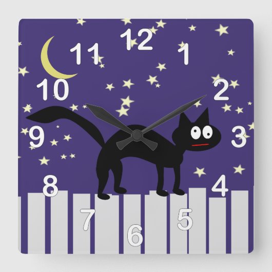 Halloween Zwarte Kat op Omheining Vierkante Klok (Voorkant)