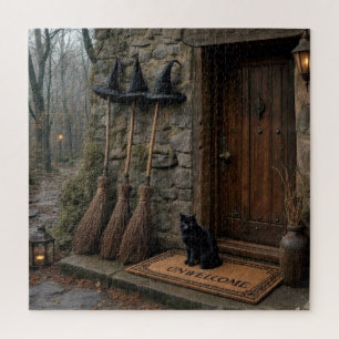 Halloween Zwarte Kat op Ongewenste Deurmat Legpuzzel