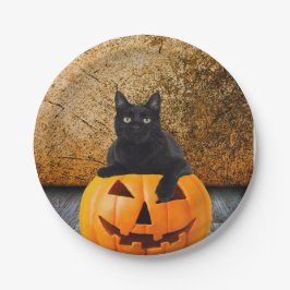 Halloween zwarte kat op pompoen 7" papier Borden Papieren Bordje