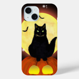 Halloween zwarte kat op pompoen iPhone 15 case