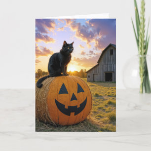 Halloween Zwarte Kat Op Pompoen Hooibaal Kaart