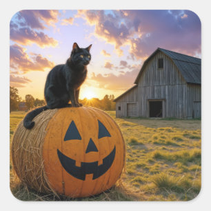 Halloween Zwarte Kat Op Pompoen Hooibaal Vierkante Sticker