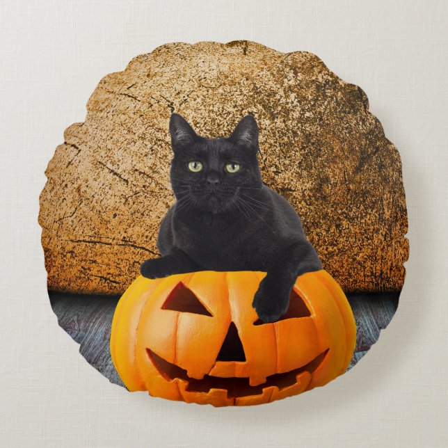Halloween zwarte kat op pompoen rond Sierkussen Kussen (Voorkant)