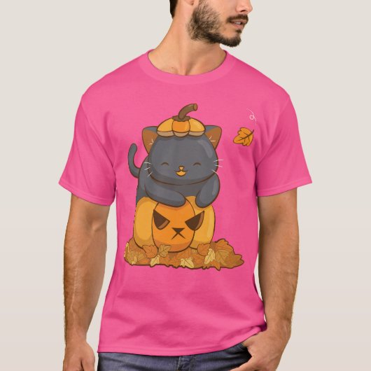 Halloween zwarte kat op pompoen Schattigee Herfst T-shirt (Voorkant)