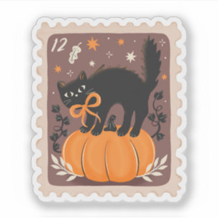 Halloween Zwarte Kat op Pompoen Stamp Sticker