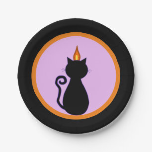 Halloween zwarte kat op zwart, paars en oranje papieren bordje