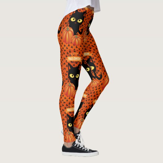 Halloween Zwarte Kat Oranje Patroon Leggings (Rechts)