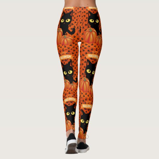 Halloween Zwarte Kat Oranje Patroon Leggings (Achterkant)