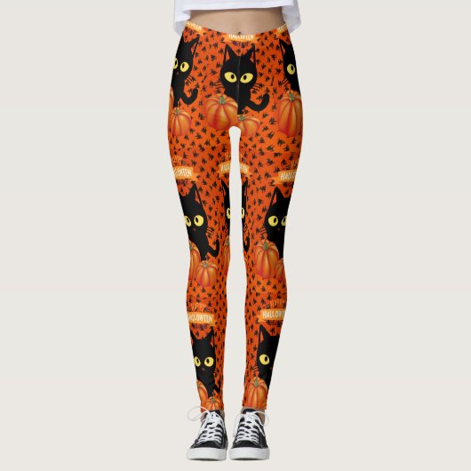 Halloween Zwarte Kat Oranje Patroon Leggings (Voorkant)