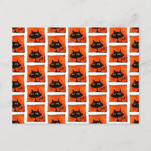 Halloween Zwarte Kat Oranje Vierkanten Cartoon Briefkaart