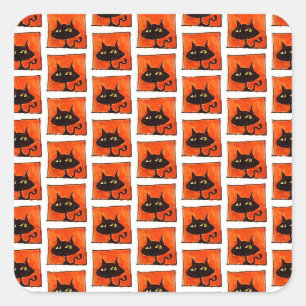 Halloween Zwarte Kat Oranje Vierkanten Cartoon Vierkante Sticker