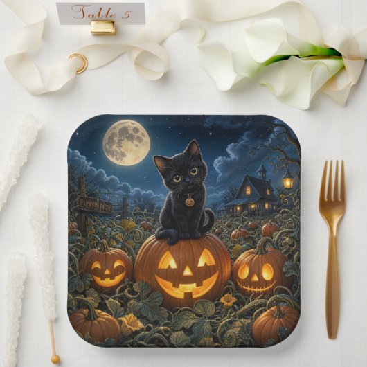 Halloween Zwarte Kat Papieren Bordje (Huwelijk)