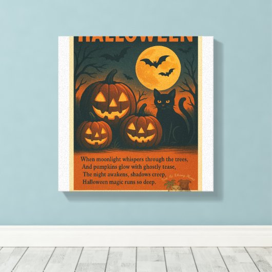Halloween Zwarte Kat & Pomp Uitgerekt Canvas Print (Insitu (Houten vloer))