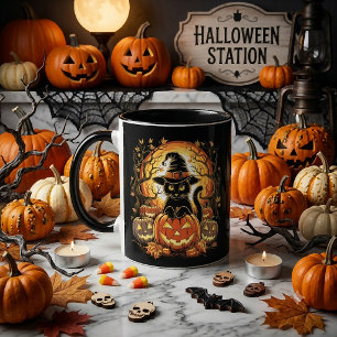 Halloween Zwarte Kat Pompoen Heks Kat Griezelen Mok