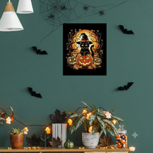 Halloween Zwarte Kat Pompoen Heks Kat Griezelen Poster