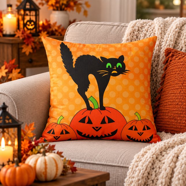 Halloween Zwarte Kat Pompoen Jack O' Lantern Kussen (Halloween Black Cat Pumpkin Jack O' Lantern Throw Pillow)