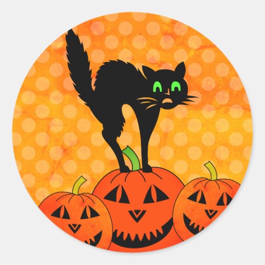 Halloween Zwarte Kat Pompoen Jack O' Lantern Ronde Sticker (Voorkant)