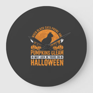 Halloween Zwarte Kat Pompoen Maan Ontwerp_1 Grote Klok