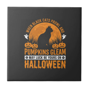 Halloween Zwarte Kat Pompoen Maan Ontwerp_1 Tegeltje