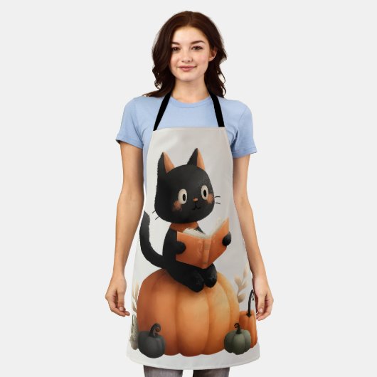 Halloween Zwarte Kat Pompoen Ontwerp Schort (Gedragen)